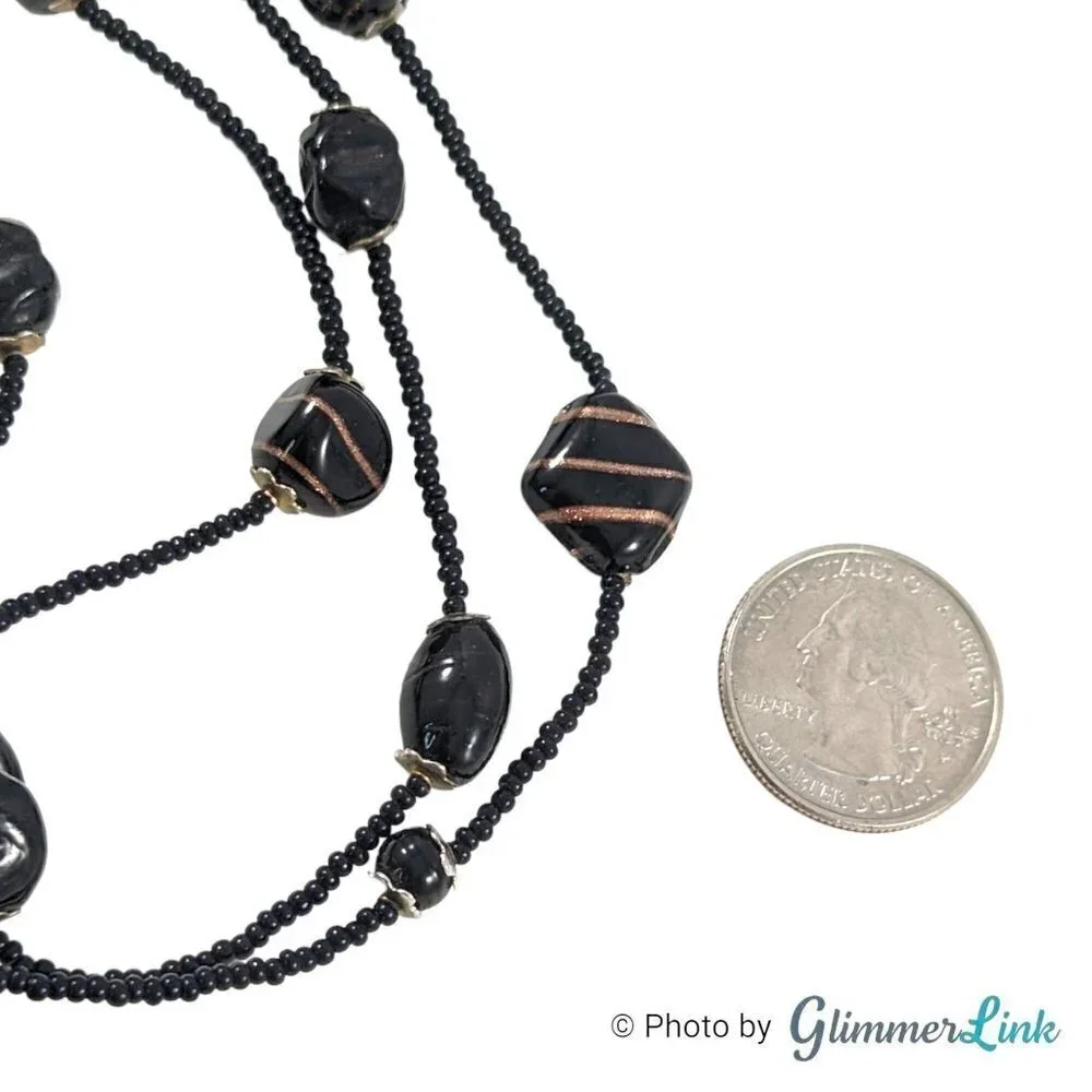 Vintage Long Black Gold Flecked Beaded Bohemian Necklace